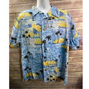 Joe Marlin Hawaiian Islands Shirt Men’s XL Blue Palm Trees Rayon Cotton